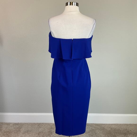 Aidan Mattox Strapless Cocktail Dress Size 8 Blue Colorful Ruffled Midi Sheath - Picture 4 of 11